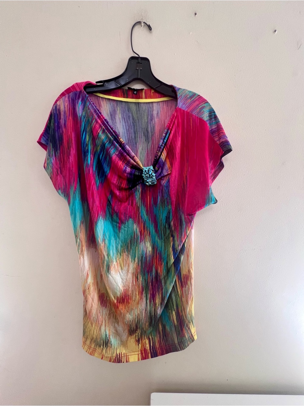 Escada Vibrant Multicolor V-Neck Blouse with Beaded Accent